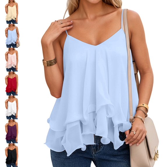 GPOECD Flowy Tank Tops for Women Off Shoulder Ruffle Casual Summer Dress Sleeveless Tank Beach Tiered Midi Style Womens Camisole 01_Light Blue,S