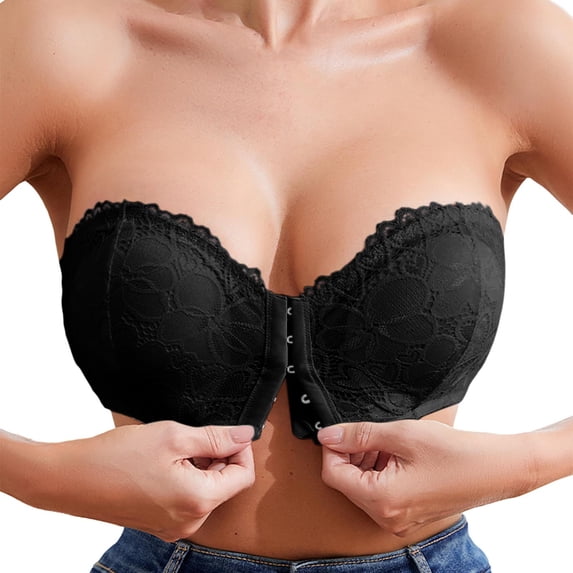 GPOECD Front Closure Strapless Bra Wireless Comfort Support for Daily Wear Seamless Versatile Design All Seasons Leisure Z8261-Black,L