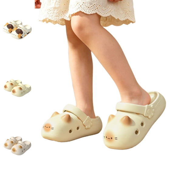 GPOECD Girls Clogs Cat with Non Thick Sole Indoor Outdoor Toddler Kids Summer Slide Slippers Toddler Slippers Girl,Yellow,10-10.5 Years