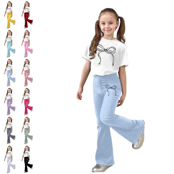 GPOECD Girls Outfits Casual Outfit with Bow Print and Flared Pants Two Piece Coordinated Girls' Clothing Sets,Light Blue,7-8 Years