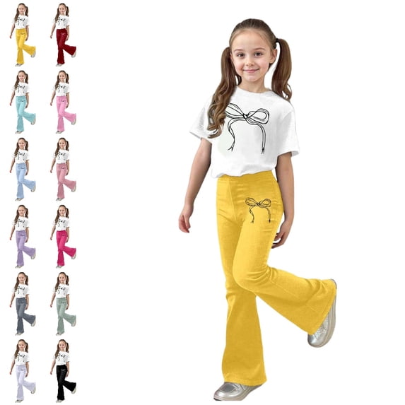 GPOECD Girls Outfits Casual Outfit with Bow Print and Flared Pants Two Piece Coordinated Girls' Clothing Sets,Yellow,11-12 Years