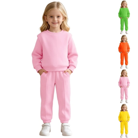GPOECD Girls Outfits Cozy Winter Sweatshirt and Sweatpants Soft Lined Long Sleeve Set for Little Girls Girls Athletic Sets,Pink,2-3 Years