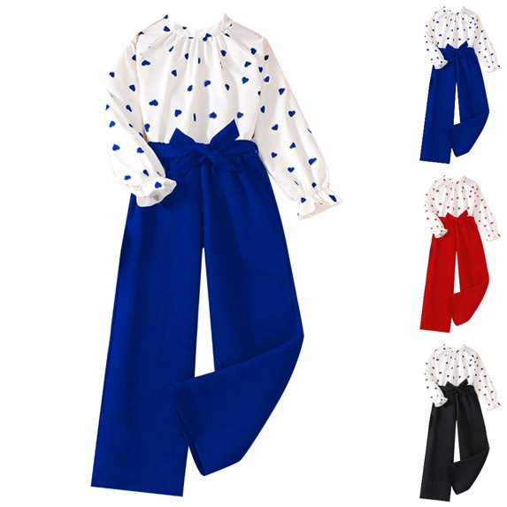 GPOECD Girls Outfits Heart Print Long Sleeve Two Piece Set Casual Kids Wear Spring Comfortable Daily Outfit Girls' Clothing Sets,Blue,9-10 Years