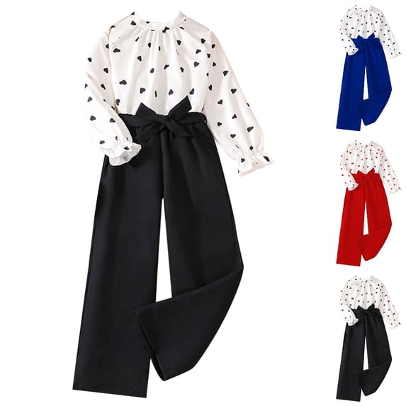GPOECD Girls Outfits Heart Print Long Sleeve Two Piece Set Casual Kids Wear Spring Comfortable Daily Outfit Girls' Clothing Sets,White,8-9 Years