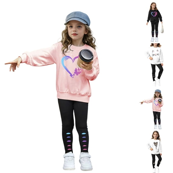 GPOECD Girls Outfits Long Sleeve Hoodie and Leggings with Cute Heart Print for Casual Play and Outdoor Activities Girls Athletic Sets,02_Pink,5-6 Years