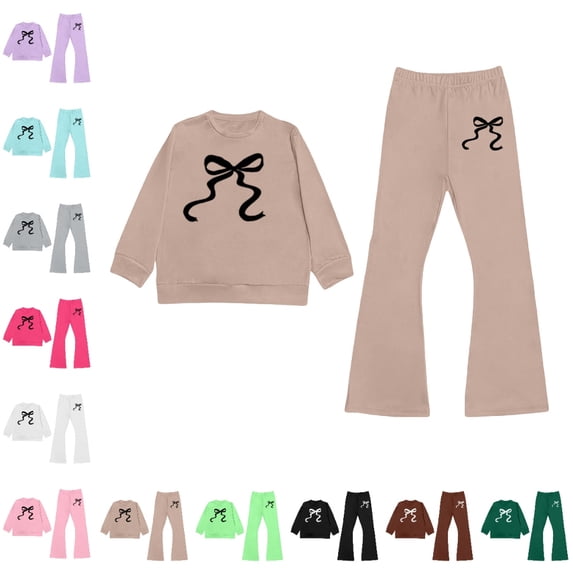 GPOECD Girls Outfits Long Sleeve Round Neck Top with Bow Print and Flare Leg Pants Casual Comfortable Daily Girls' Clothing Sets,Khaki,3-4 Years