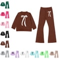 thumbnail image 1 of GPOECD Girls Outfits Long Sleeve Top and Flare Pants with Bow Print Elegant Two Piece Girls Sets,Brown,4-5 Years, 1 of 4