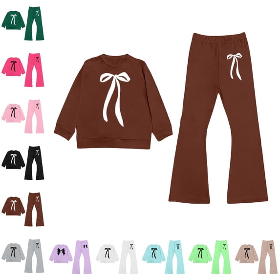GPOECD Girls Outfits Long Sleeve Top and Flare Pants with Bow Print Elegant Two Piece Girls Sets,Brown,4-5 Years