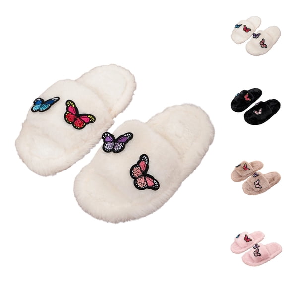 GPOECD Girls Slippers Kids Open Toe Cute Floral Decorated Warm Soft Non Indoor for Toddlers Multiple Colors Fuzzy Slippers Cozy Home Wear