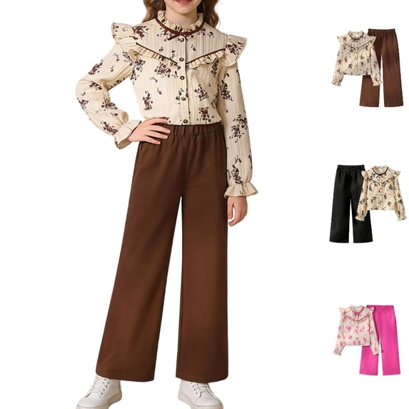 GPOECD Girls Two Piece Outfits Fashion Floral Print Shirt and Wide Leg Pants with Ruffles and Buttons for Girls Girls' Clothing Sets,Brown,7-8 Years
