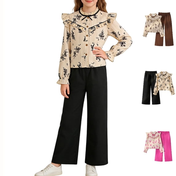 GPOECD Girls Two Piece Outfits Fashion Floral Print Shirt and Wide Leg Pants with Ruffles and Buttons for Girls Girls' Clothing Sets,Khaki,7-8 Years