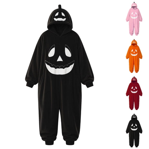 GPOECD Halloween Matching Family Pajamas Pumpkin Hooded Long Sleeve One-Piece Sleepwear with Print for Fall Winter Balck Jumpsuit Black,L