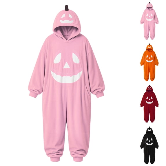 GPOECD Halloween Matching Pajama Set Pumpkin Hooded Long Sleeve Full-Length One-Piece Pajama with Cute Holiday Style Pink Jumpsuit Pink,L