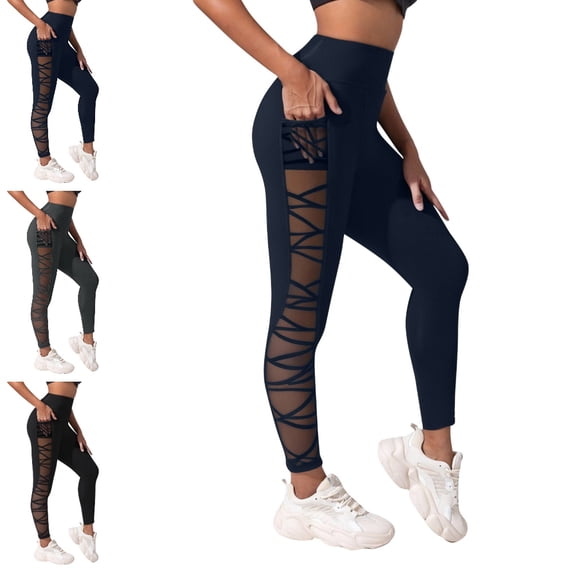 GPOECD High Waisted Leggings for Women Fitness Abdominal Control Nine Quarter Stretchy Workout Tights Womens Yoga Pants,Navy,XXL