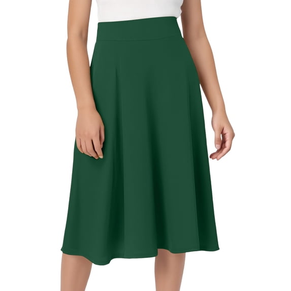 GPOECD Knee Length Skirts for Women Comfy Basic Solid Color Stretch A Line Flared Knee Length Skirt Plus Size Skirts Green,M