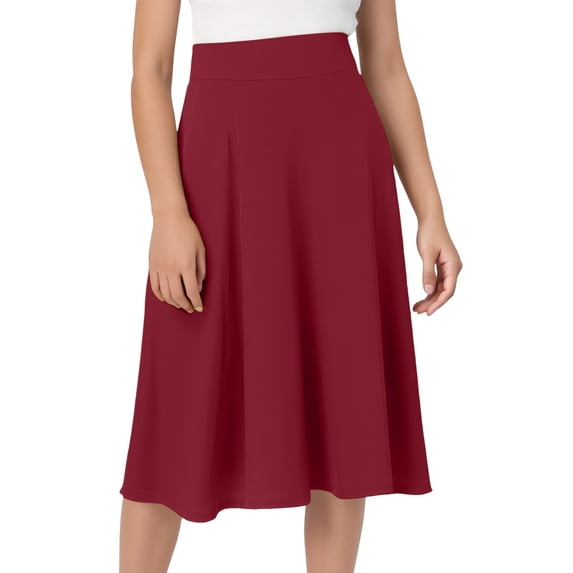 GPOECD Knee Length Skirts for Women Comfy Basic Solid Color Stretch A Line Flared Knee Length Skirt Plus Size Skirts Red,M