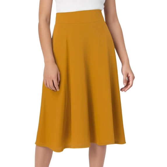 GPOECD Knee Length Skirts for Women Comfy Basic Solid Color Stretch A Line Flared Knee Length Skirt Plus Size Skirts Yellow,XL