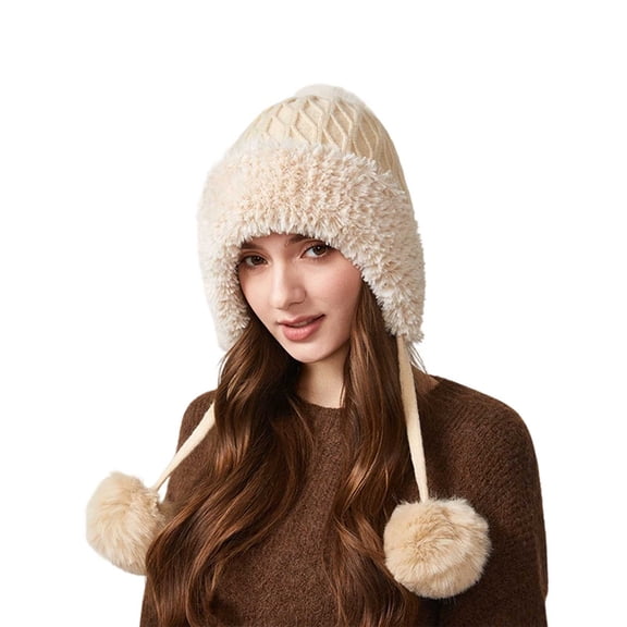 GPOECD Knitted Hat with Triple Pom Poms Velvet Lined Warm Winter Ear Cold Weather Womens Winter Hat with Thickened for Ladies Z11C-Beige,One Size