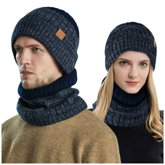 GPOECD Knitted Winter Hat with Scarf for Men and Women Adult Windproof Thermal Hood Coif Navy,One Size