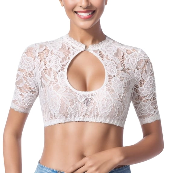 GPOECD for Women Plus Size Short Sleeve Solid Elegant Lace Patchwork Dirndl Blouse with Underwire Black Basic Top Bustier for Oktoberfest Bandeau Bras for Women,04_White,XXXXXL
