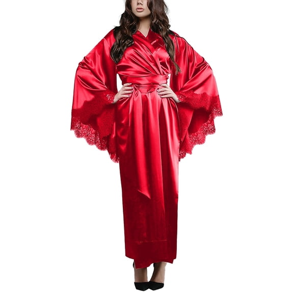 GPOECD Long Robe Satin Kimono Bridesmaid Wedding Bath Robe with Lace Trim Plus Size Womens Pajamas Red,XL