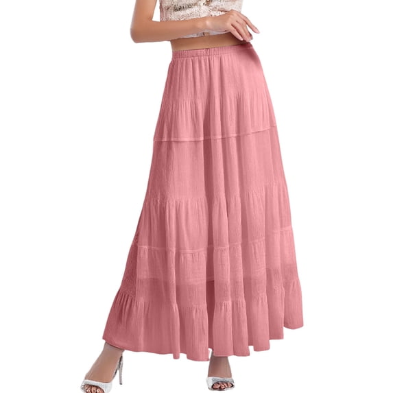 GPOECD Long Skirts for Women Plus Size Chiffon White Flowy Boho Summer Elastic Waisted Pleated A Line Long Skirts for Women Plus Size Pink,XXXL