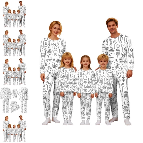 GPOECD Matching Christmas Pajamas for Family Doodle Print Family Matching Pajamas Coloring Design Bonding Comfortable Loungewear for Memorable Moments Pajama Sets Winter,White_004,6-7 Years