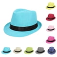 thumbnail image 1 of GPOECD Men Women Casual Straw Fedora Sun Hat with Short Brim for Outdoor Beach Activities Blue,One Size, 1 of 3