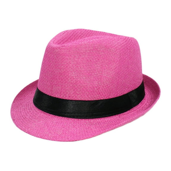 GPOECD Men Women Casual Straw Fedora Sun Hat with Short Brim for Outdoor Beach Activities Z9031-Hot Pink,One Size