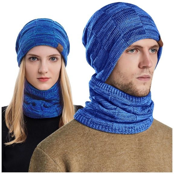 GPOECD Men and Women Winter Warm Knit Winter Scarf and Hat Two Piece Set Couples Cozy Accessories for Cold Weather Z01_Blue,One Size