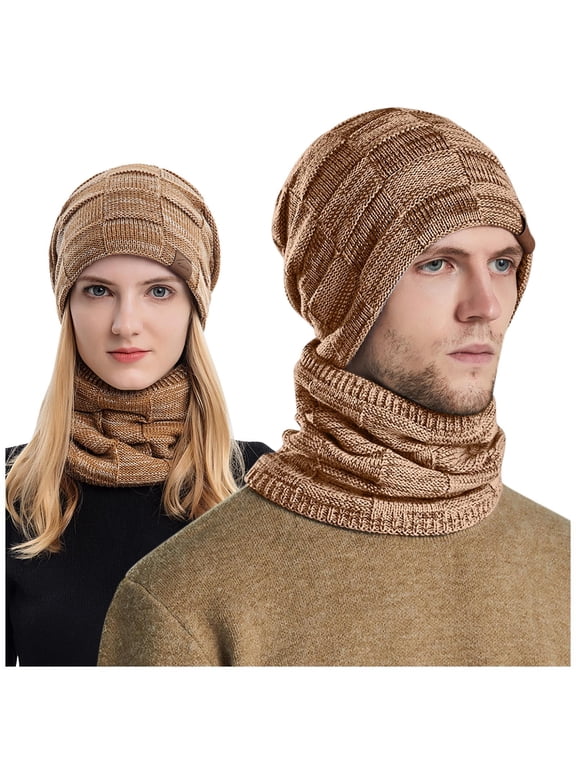 Men and Women Winter Warm Knit Winter Scarf and Hat Two Piece Set Couples Cozy Accessories for Cold Weather Z01_Khaki,One Size