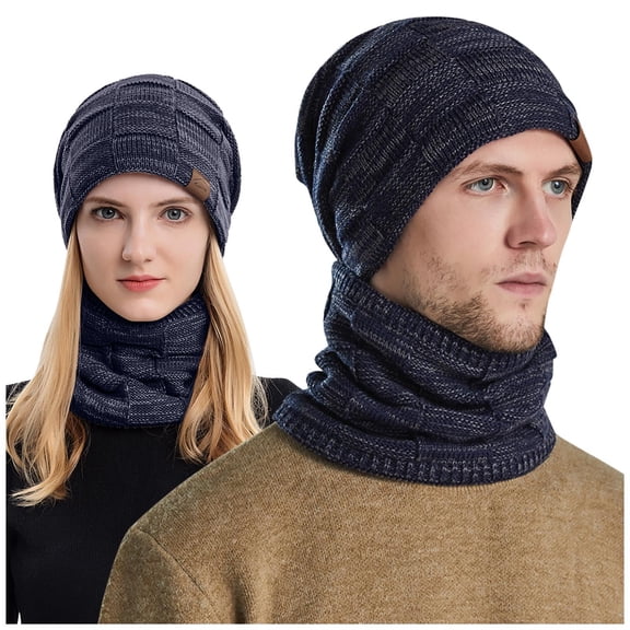 GPOECD Men and Women Winter Warm Knit Winter Scarf and Hat Two Piece Set Couples Cozy Accessories for Cold Weather Z01_Navy,One Size
