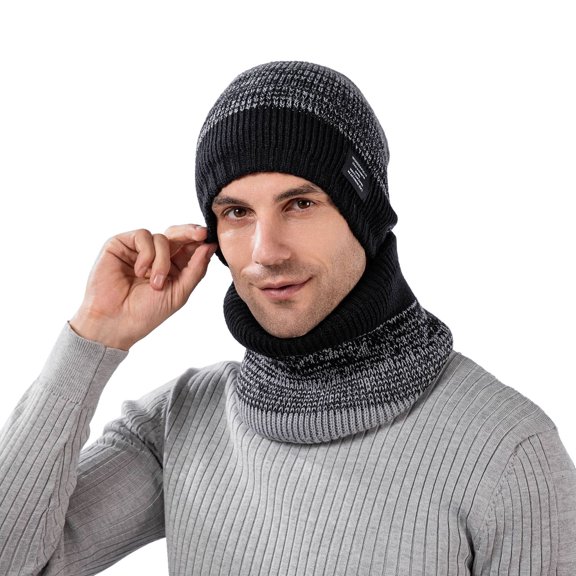 GPOECD Men's Gradient Knitted Winter Scarf and Winter Hat Warm Neck Cover Outdoor Two Piece Set Z03_Black,One Size