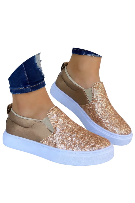 On Loafers for Women Fashion Glitter Platform On Casual Comfortable Flat Sneakers with Design for Daily Wear Womens Casual Shoes Rose Gold,40
