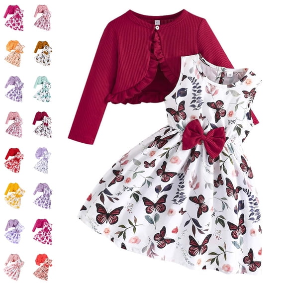 GPOECD Outfits for Girls 2 Piece Set Dresses with Jacket Casual Spring Summer Fall Sleeveless Dress and Cardigan Girls' Clothing Sets,01_,5-6 Years