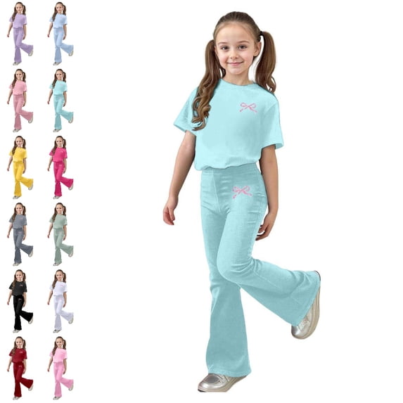 GPOECD Outfits for Girls Casual Flare Pants Outfit Two Piece Comfy Daily Wear for Autumn Girls Sets,Mint Green,11-12 Years