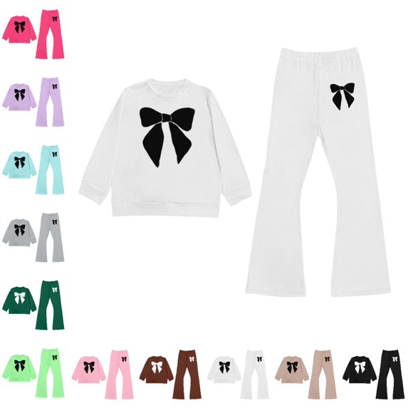 GPOECD Outfits for Girls Long Sleeve Top and Flare Pants with Bow Print Elegant Two Piece Outfit Girls' Clothing Sets,White,4-5 Years