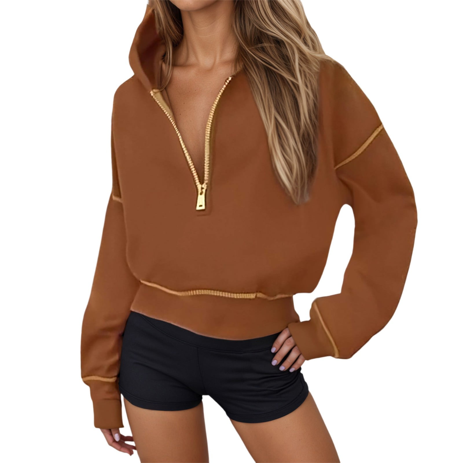 GPOECD Oversize Women's Cropped Half Zip Hoodie Long Sleeve Winter ...