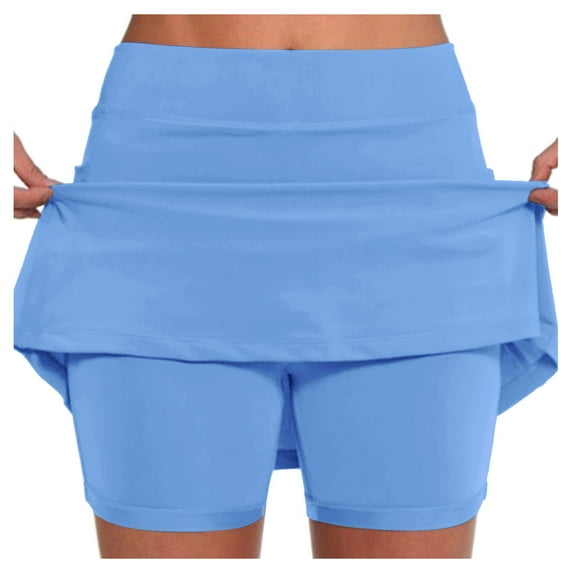 GPOECD Oversize Women's Solid Color Mid Waist Cascual Skort with Pockets Comfortable Athletic Double Layer Workout Shorts for Sports Z8014-Light Blue,XXXXXL