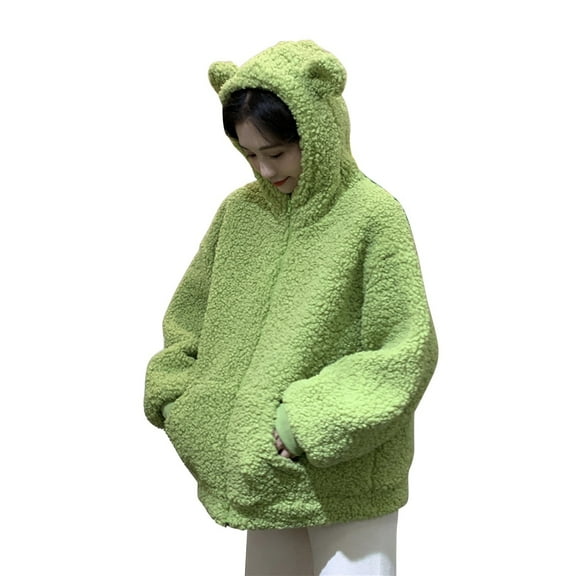 GPOECD Oversized Hoodies For Women Pullover Ears Warm Long Pullover Winter Cozy Fall Soft Casual Hooded Sweatshirts Z90-Green,M