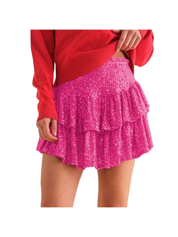 Patchwork Sequins Pleated Skirts for Women Fashion Short Solid Color Regular High Waist Skirts for Women Hot Pink,XS