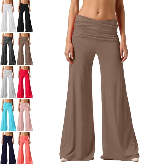 GPOECD Plus Size Leggings Casual Waist Pleated Loose Wide Leg Trousers Comfort Style Stretchy Relaxed Wide Leg Yoga Pants,Khaki,S