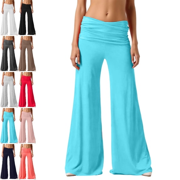 GPOECD Plus Size Leggings Casual Waist Pleated Loose Wide Leg Trousers Comfort Style Stretchy Relaxed Wide Leg Yoga Pants,Sky Blue,M