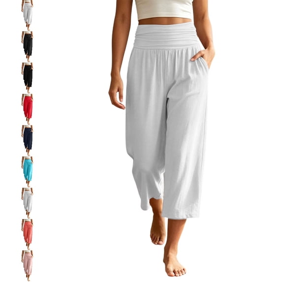 GPOECD Plus Size Leggings Casual Waist Pleated Loose Wide Leg Trousers Comfort Style Stretchy Relaxed Wide Leg Yoga Pants,White,XS