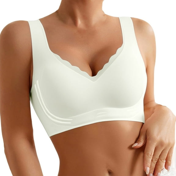 HNMKIU Plus Size Women’s Solid Color Bralette Wireless Comfort Bra Fashion Wavy Edge Full Coverage Soft Bra for Everyday Wear Z8124-White,44