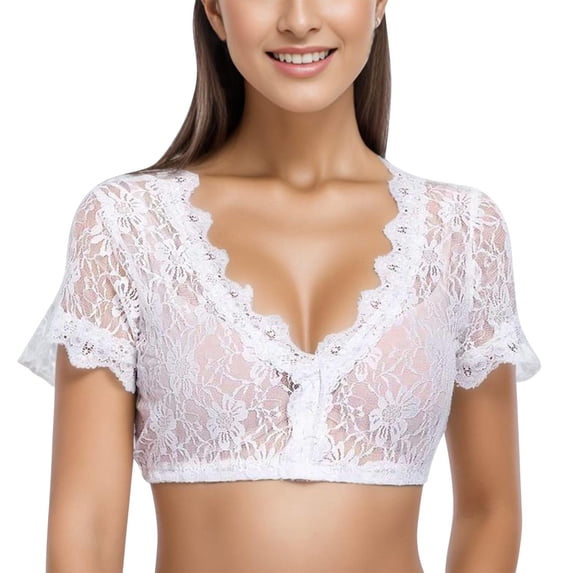 GPOECD Plus Size Womens Short Sleeve Solid Elegant Lace Patchwork Dirndl Blouse with Underwire Black Regular Top Innerwear for Oktoberfest Bandeau Bra,03_White,XXXXL