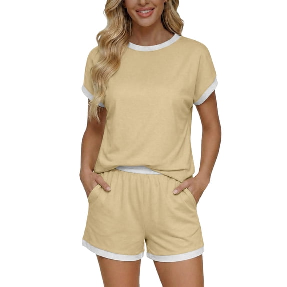 GPOECD Running Outfits for Women Short Sleeve Shorts Comfortable Round Neck Athletic Outfit with Pockets Two Piece Matching Workout Sets for Women 01_Yellow,M