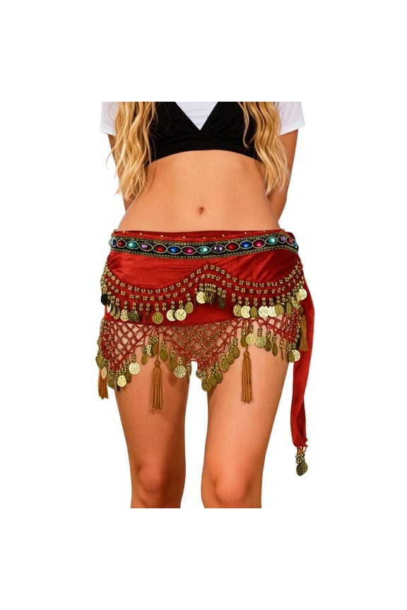 Short Skirt Belly Dance Belt with Cascading Fringe and Design Performance Waist Scarf for Dancers skirts for women Red,One Size