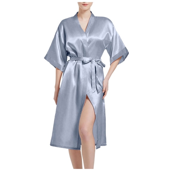 GPOECD Shower Robe Short Sleeve Satin Kimono Bridal Dressing Gown with Belt Womens Pajamas Grey,L