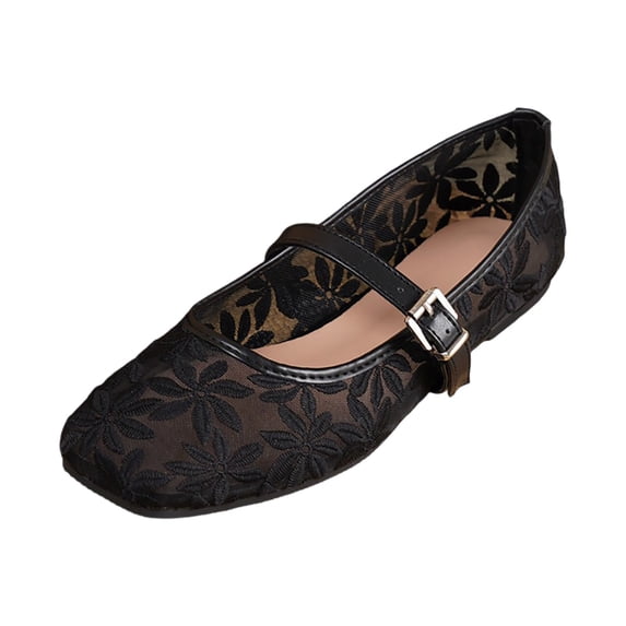 GPOECD Square Toe Ballet Floral Embroidered Mesh Ballet with Square Toes Womens Shoes Black,39
